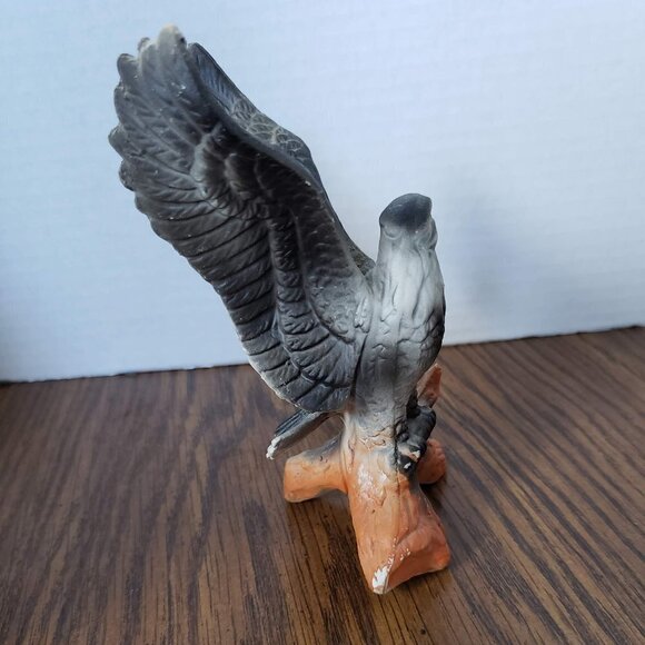 Ceramic Grey Eagle With Up Spread Wings on Log - Picture 3 of 5